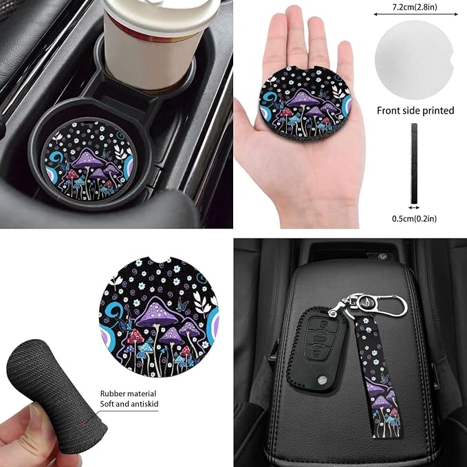 Abstract Hippie Mushroom Purple Auto Seat Cushion Decor Accessory with Coaster,Seatbelt Pad Car Car Rear View Mirror Cover,15Inch Steering Wheel Cover,Gear Shift Knob Handbreak Pads