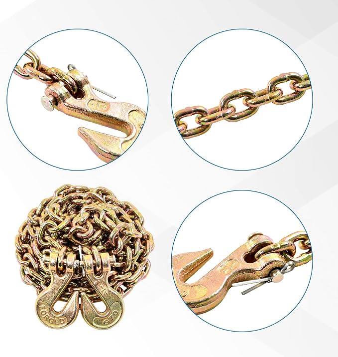 1/4 Inch x 12 Feet Transport Binder Chain G80 Safey Tow Chain with Grab Hooks 3300 Lbs Safe Work Load for Transporting Towing Tie Down Binding Equipment