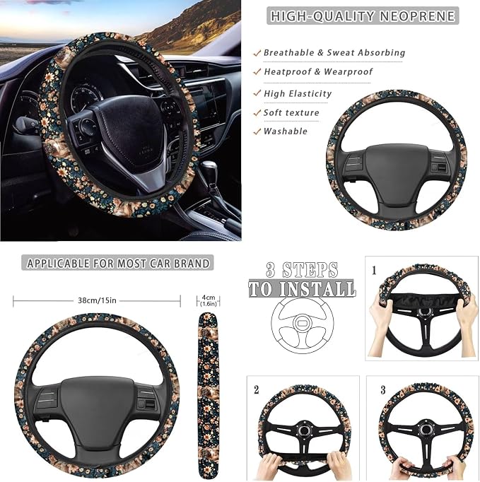 Suobstales French Bulldog Flower Print Car Seat Covers Full Set for Women Girly Seat Cover Protector Auto Decorative with Steering Wheel Cover +Seat Belt Covers +Coasters +Keychains