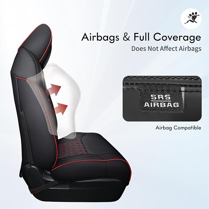 Huidasource Front Car Seat Covers for Dodge Ram, Waterproof Seat Cushion Ram Pickup Truck Seat Protector Fit for 2009-2025 Ram 1500, 2010-2025 Ram 2500/3500 Crew/Mega Cab(Concave Front/Black&Red)