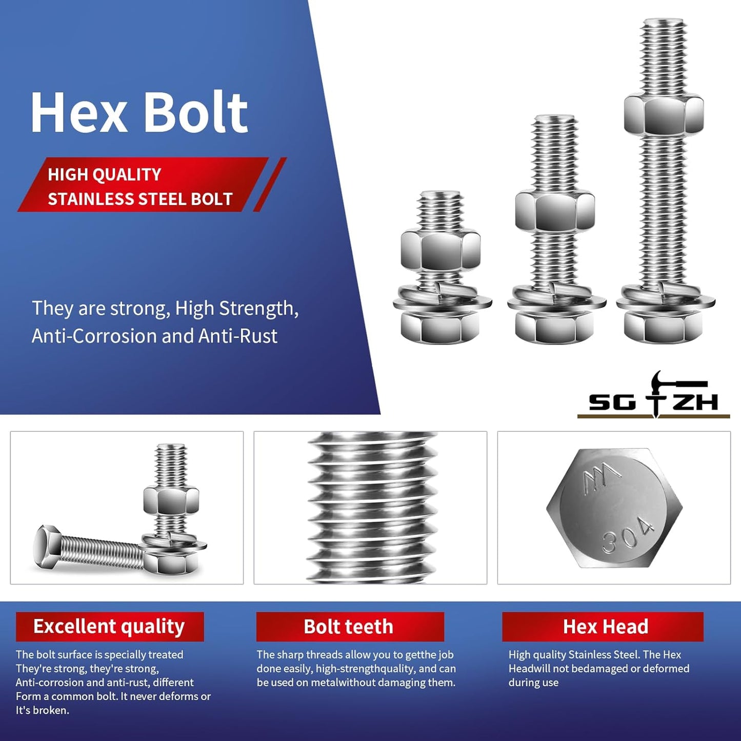 1/4-20 x 1/2" Hex Head Screw Bolt, Nuts, Flat & Lock Washers, 10Pcs 18-8 (304) Stainless Steel, Fully Threaded, by SG TZH