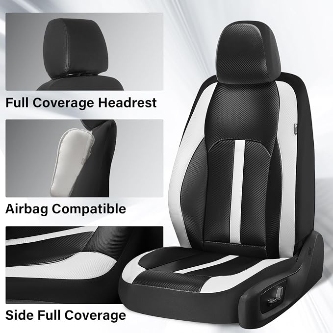 Coverado Leather Car Seat Covers Full Set & Carbon Fiber, Waterproof and Durable All Weather Protector, Universal Fit for SUV, Pickup Truck, Sedan, Automotive Vehicle Interior, Black&White