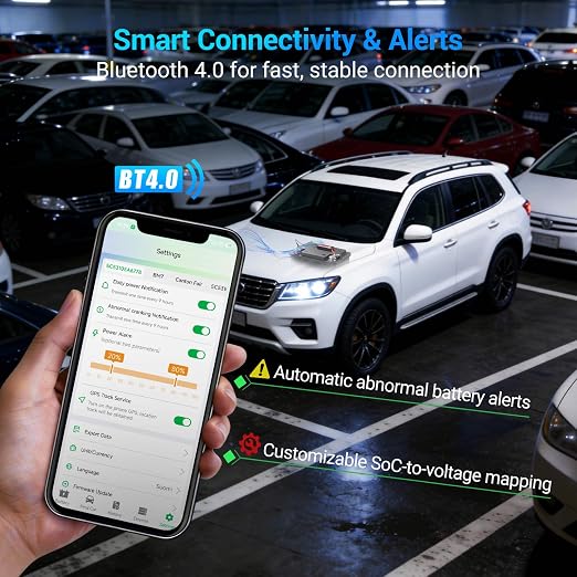 All-Round Battery Monitor, 6V/12V/24V Adaptable, IP67 Waterproof, Auto Alarm, 72-Day Logging, Compatible with Lead-Acid/Lithium Batteries for Cars/Boats/Storage