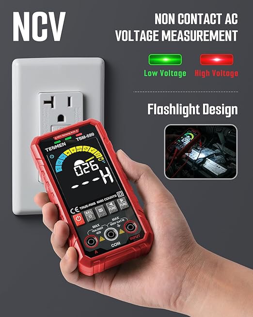 TESMEN TSM-599 Smart Digital Multimeter, Auto&Manual Measurement, TRMS 6000 Counts, Voltmeter with NCV, Voltage&Current, Resistance, Continuity, Diode, Capacitance, Hz%, Temperature, Live Wire - Red