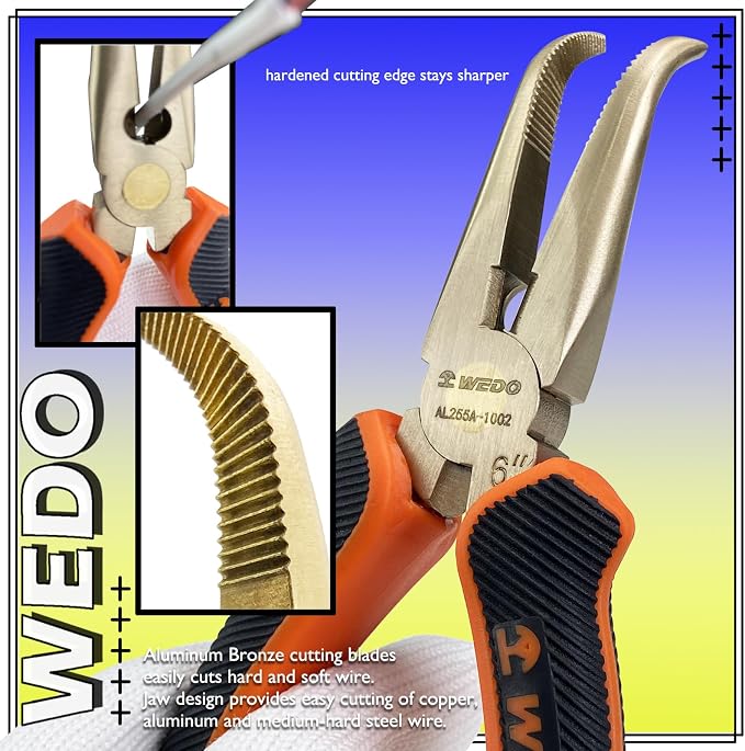 WEDO 6” Non-Sparking Bent Needle Nose Pliers 45 Degree,Long Nose Pliers,Wire Cutters,Used for Cutting Clamping Pinching Jewelry Making,Aluminum Bronze,DIN Standard,BAM&FM Certificate,Length 150mm