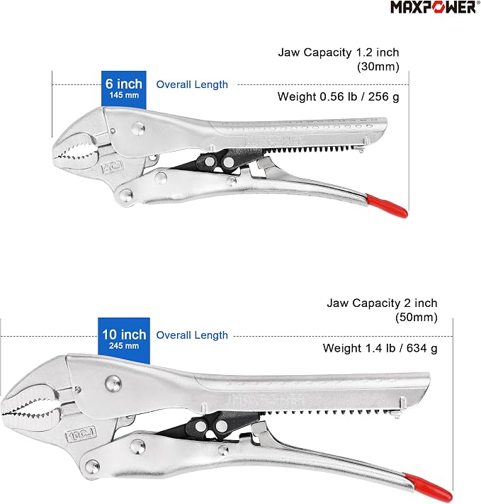 MAXPOWER 2 Pieces Locking Pliers Set, 6" 10" Curved Jaw Self Adjusting Locking Pliers, with 1.2" and 2" Jaw Capacity