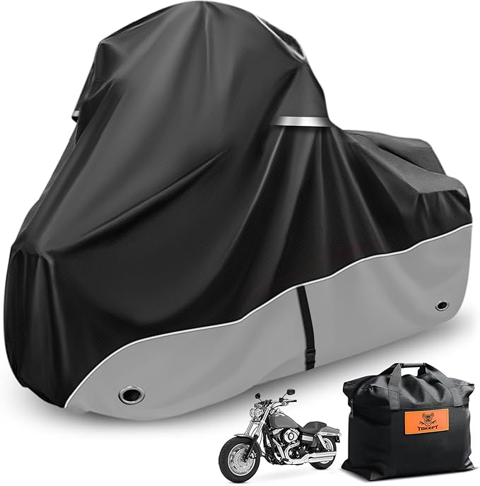 Motorcycle Cover 420D Heavy Duty All-Season Weatherproof Outdoor Protective Cover, Featuring Ventilation Holes & Night Reflective, 96" XXL Vehicle Cover/Black Gray