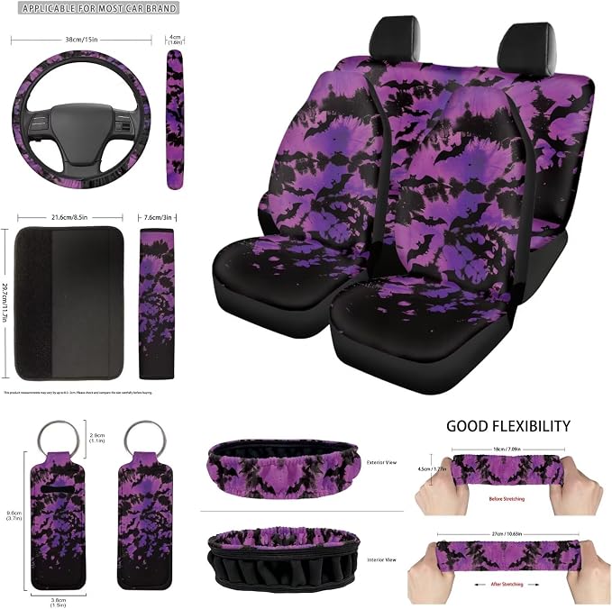 Halloween Bat Car Seat Covers Accessory 14Pcs Tie Dye 15 Inch Steering Wheel Cover,Seatbelt Pad,Bat Coaster,Keychain,Interior Mirror Cover,Gear Shift Knob & Handbreak Cushion for Most Vehicle