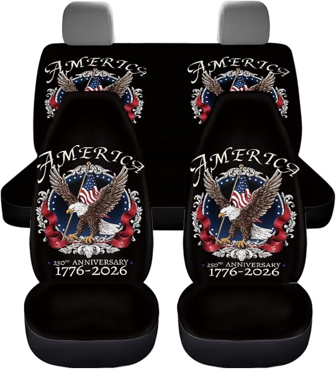 America 1776-2026 Eagle Car Seat Cover Set with Steering Wheel Wrap, 11 Pack, Patriotic Auto Accessories with Non-Slip & Breathable Fabric, 250th Anniversary Decorate for Car, SUV, Truck