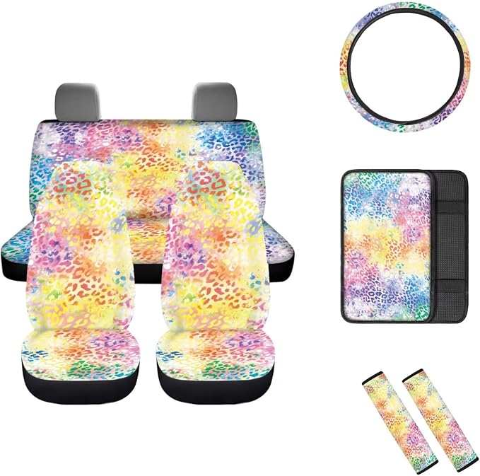 Mumeson Tie Dye Leopard 8 Pack Auto Accessories Set Music Note Car Seat Covers Full Set with Seat Belt Pads Shoulder Cushion + Steering Wheel Cover + Armrest Cushion