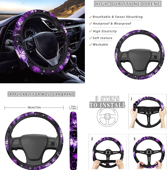 Butterfly Car Seat Covers and Accessories for Women 4 Seat Cushion Cover+1 Steering Wheel Cover+2 Safety Seatbelt Pad+2 Car Coasters+1 Shift Knob Cover and 1 Handbrake Cover, 11 Pack
