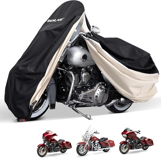 Benlari Waterproof Motorcycle Cover with Side Top Box Compatible with Harley Davidson Touring Models Road King Street Glide Road Glide Electra Glide Outdoor All Weather Protection, L,107" x 43" x 50"