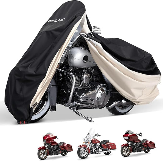 Benlari Waterproof Motorcycle Cover with Side Top Box Compatible with Harley Davidson Touring Models Road King Street Glide Road Glide Electra Glide Outdoor All Weather Protection, L,107" x 43" x 50"