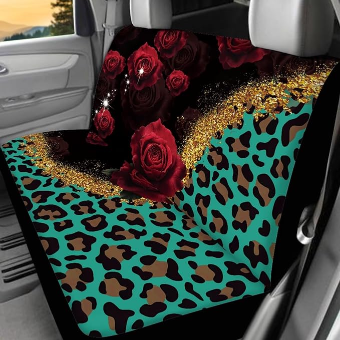 17 Pack Leopard Print Car Seat Covers Sets with Front and Rear,Car Accessories Full Set with Auto Front Rear Foot Carpet All Weather,Steering Wheel Cover,Car Seat Belt Cover,Universal Fit