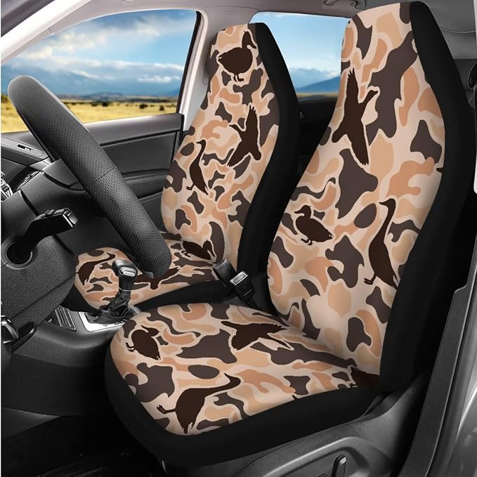 Bulopur Duck Hunting Camo Auto Seat Covers Set with Matching 15 Inch Steering Wheel Cover Stretchy Armrest Cover Soft Seat Headrest Cover 14 Pieces Car Interior Accessories Set