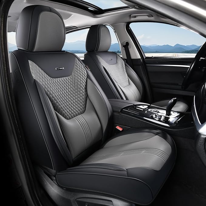 Coverado Car Seat Covers Full Set, Front Seat Covers with Lumbar Support and Back Seat Cover Waterproof Leather Automotive Seat Cover, Universal Car Interior Protectors Cushion for Most Cars