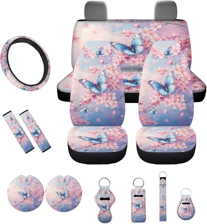 Butterfly Pink Cherry Blossom Print Car Accessories Car Seat Covers Full Set with Steering Wheel Covers+Seat Belt Pads+Coasters+Keychain+Lipstick Holder Universal Fit(13 Pack)