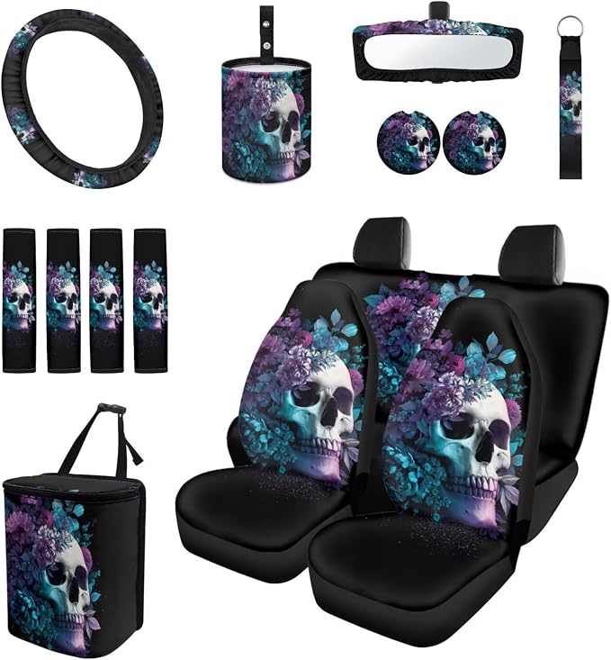 15 Pcs Floral Skeleton Auto Interior Accessories Car Seat Covers with Auto Steering Wheel Cover Seat Belt Covers Car Trash Can View Mirror Cover Coaster Keychains