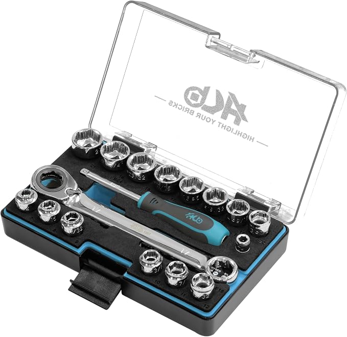 HB 57-Piece Socket Set AGX004-U, Pass-Thru Low Profile 120-Tooth Ratchet Wrench with Non-Slip Sockets, Metric SAE E-Torx Compatible, Chrome Vanadium Steel, Portable EVA Case, Made in Taiwan