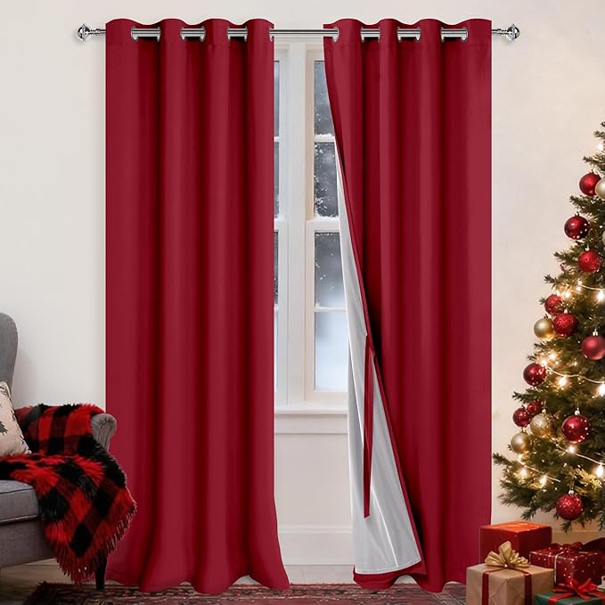 XWZO 100% Blackout Curtains - Extra Long Thermal Insulated Black Liner Curtains, Noise Reducing and Heat Blocking Drapes for Bedroom with Tiebacks, Christmas Red, W52 x L108, Set of 2