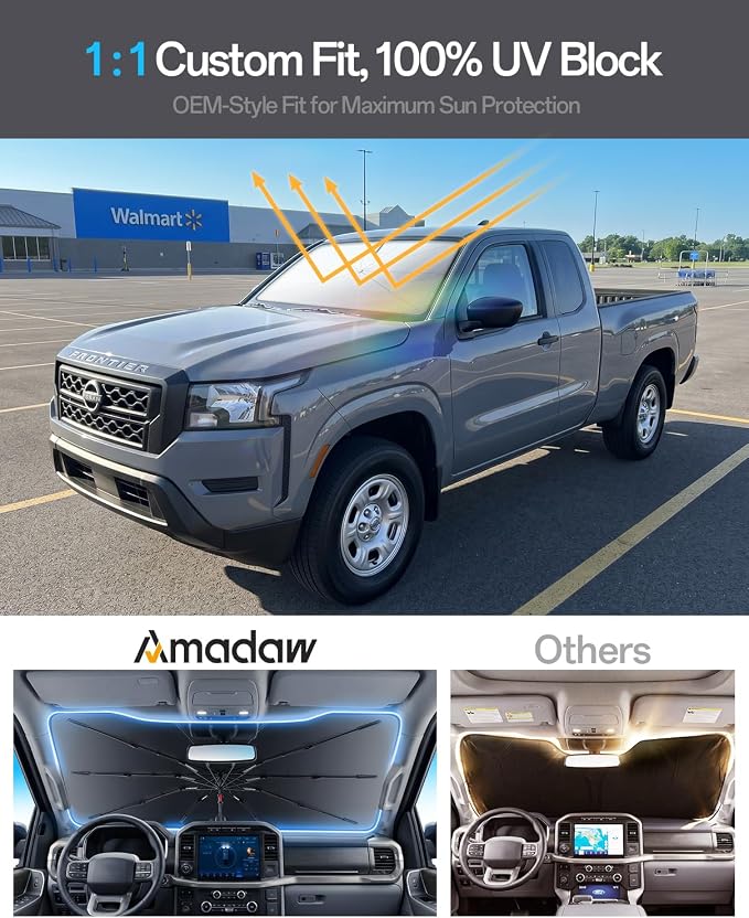 Windshield Sun Shade for Nissan Frontier 2000–2026, Foldable Umbrella Sunshade with 100% UV Block, Multi-Layer Heat Insulation, Reinforced 10-Rib Frame, Keeps Car Cooler, Summer Car Accessory