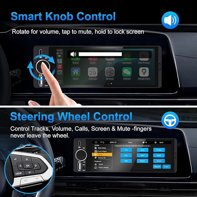 Single Din Car Stereo with Apple CarPlay & Android Auto, HD Touch CarPlay Screen, Backup Cam,Bluetooth, USB Type-C, SWC, EQ, FM Radio (with External Mic) (6.36 inch)