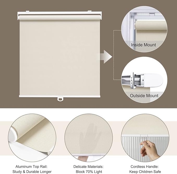AOSKY Cordless Roller Shades for Windows Light Filtering Shades with 5% Openness Solar Screen Semi Sheer Roller Blinds UV Protection for Office and Home. Easy to Install 36" W x 72" H (Beige)