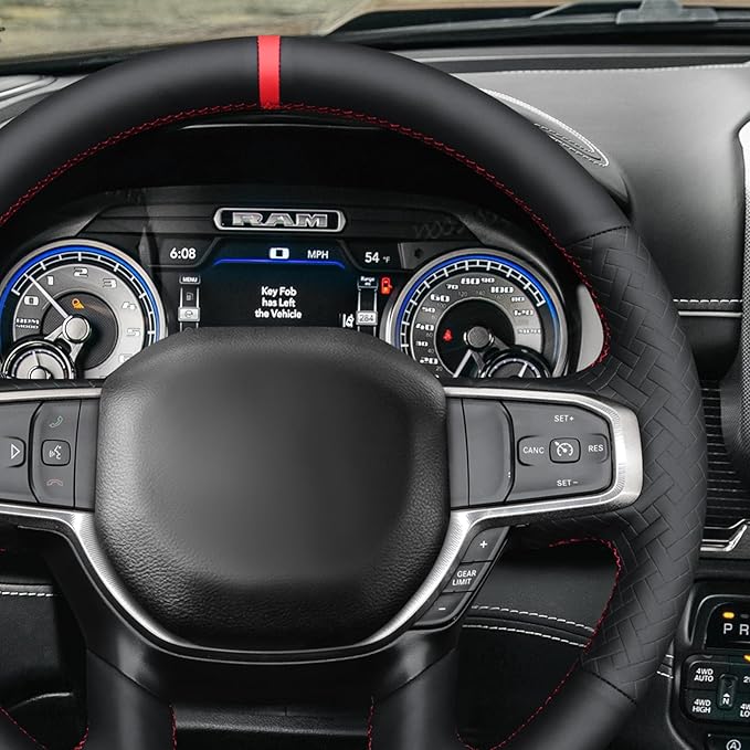 MEWANT Hand-Stitched Steering Wheel Cover Wrap for Dodge Ram 1500 2019-2023 Steering Wheel Accessories for Dodge Ram(Backsides Without Buttons)