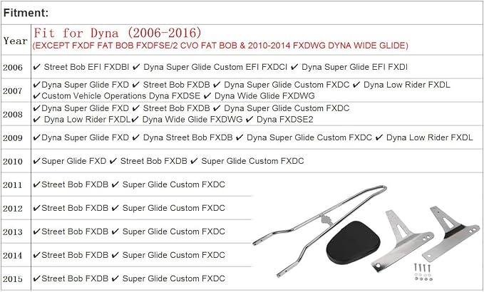AUFER Detachable Chrome Passenger Backrest Sissy Bar With Backrest Pad Compatible With For Harley Dyna Street Bob Super Glide Low Rider Wide Glide FXD FXDB FXDC FXDL FXDWG FXDSE 2006-UP