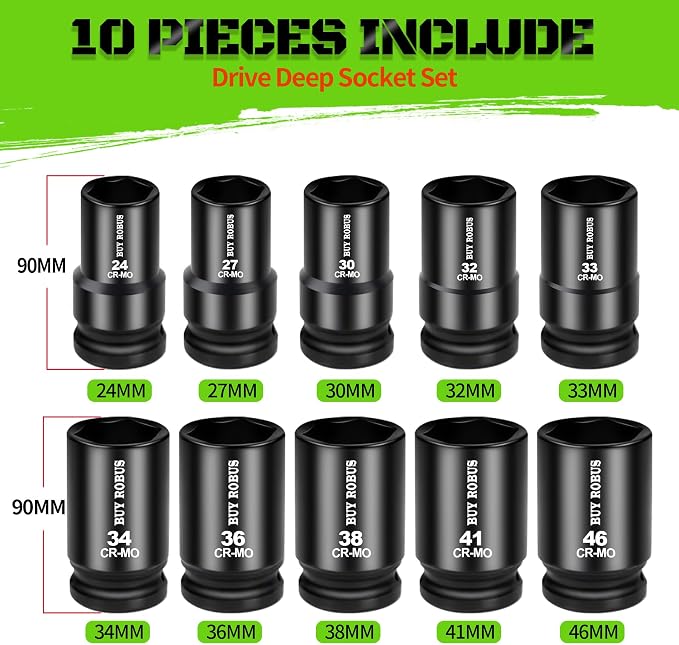 10 Pieces 1-Inch Drive Deep Impact Socket Set, 24mm, 27mm, 30mm, 32mm, 33mm, 34mm, 36mm, 38mm, 41mm,46mm CR-MO, Metric, 6-Point, Heavy Duty Wheel Impact Socket Set