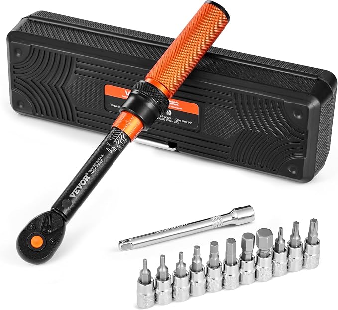 VEVOR 13Pcs Torque Wrench Set, 1/4 Inch Drive, 20-200IN.LB(2.3-22.6Nm), 72-Tooth Click Torque Wrench with Hex/Torx/Sockets, Extension Bars, for Bicycle Motorcycle Maintenance