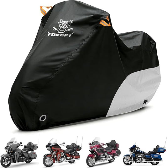 Motorcycle Cover Waterproof All Season Outdoor Protection, Fits up to 116 Inch, Compatible with Cruisers & Touring Models, with Locking Holes & Reflective Strips (Black&Silver)