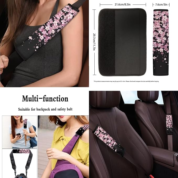 Cherry Blossom 13 PCS Car Seat Covers Classical Pink Cherry Blossoms Full Set Car Front Back Seat Cover Pink Flower Steering Wheel Cover Fit Auto SUV Trucks