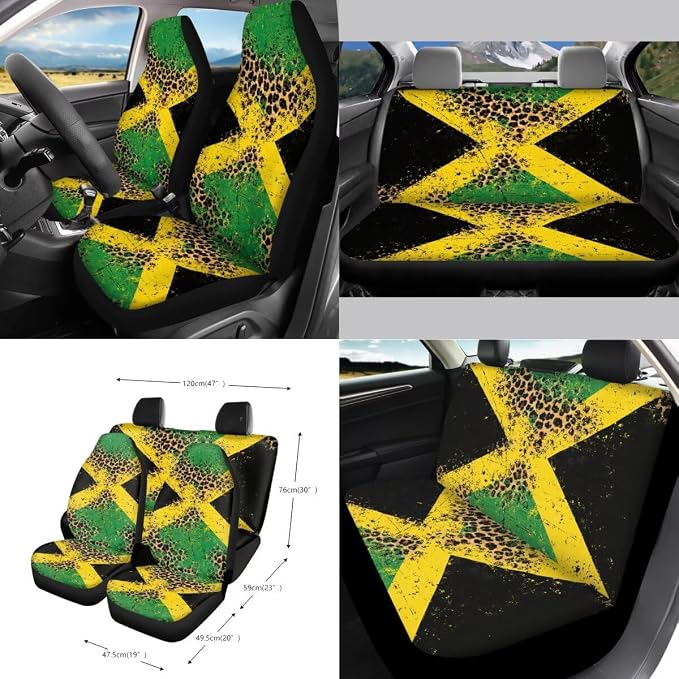 Jamaican Flag Leopard Print Car Front Back Seat Cover Set of 15 Steering Wheel Cover Seatbelt Strap Pad Trash Cans Rearview Mirror Covers Air Vent Storage Holder Coasters Keychain