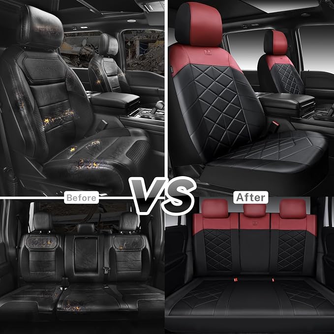 CAR PASS Memory Foam Leather Seat Covers Full Set, Breathable Perforated Nappa Leather Seat Covers Universal Fit for Most Sedans,SUV,Trucks Thick 3D Foam Comfort, Airbag Compatible Black Burgundy Red
