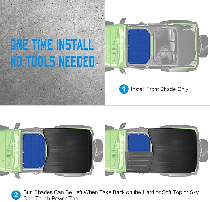 JK Sun Shade Top Compatible with Jeep Wrangler 4 Door 2007 to 2018 Sunshade Sunroof Bikini Cover Blocks UV Wind Noise Blue Mesh for Front