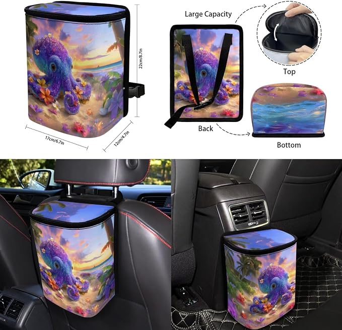 Forchrinse Hawaiian Octopus Car Seat Cover for Men Women 15Pack Auto Interior Set with Steering Wheel Cover/Armrest Cushion/Seatbelt Cover/Car Coaster/Keychain/Handbrake Gear Shift Cover