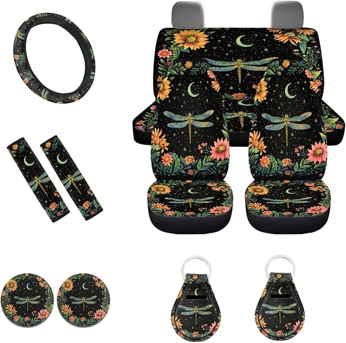 POLERO Starry Night Dragonfly Car Seat Covers for Women Aesthetic Car Interior Accessories Floral Auto Steering Wheel Cover Set 11Pcs
