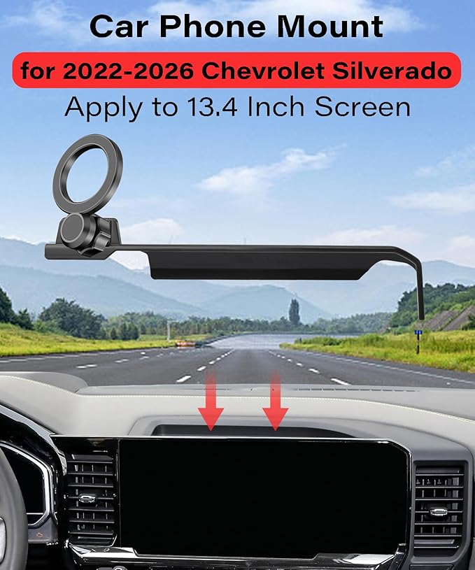 Magnetic Car Phone Mount for 2022-2026 Chevrolet Silverado 1500/2500/3500 Accessories, for MagSafe Strong Magnets Cell Phone Holder 13.4-Inch Screen Cradles, with Portable Phone Gripper