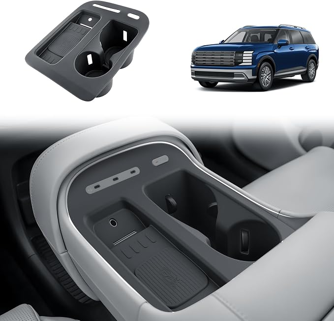 BIBIBO for 2026 Hyundai Palisade Center Console Organizer 2026 Hyundai Palisade Console Silicone Cup Holder Insert 2026 Palisade Console Insert Tray (Black)