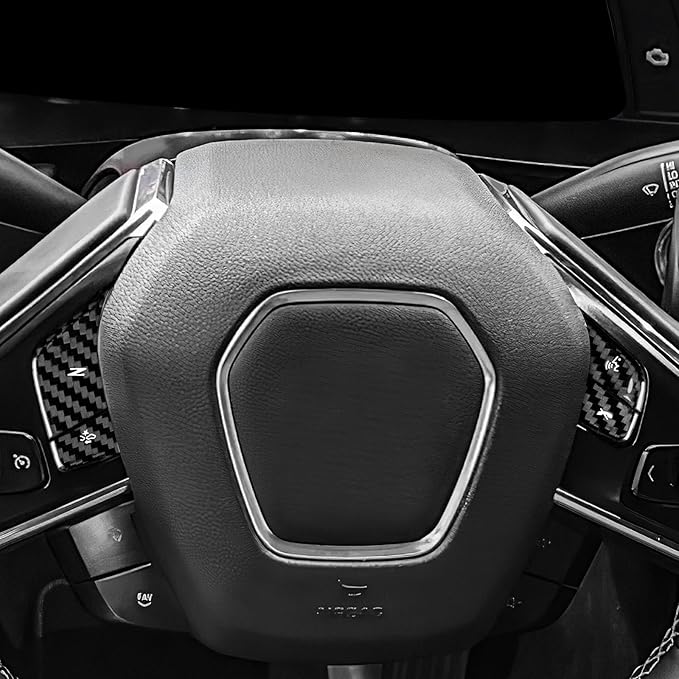 Real Carbon Fiber Steering Wheel Button Covers - 4PCS for Corvette C8 2024 2025 Carbon Fiber Accessories, Anti-Scratch Protective Accessories (Without Heating Button, Black)