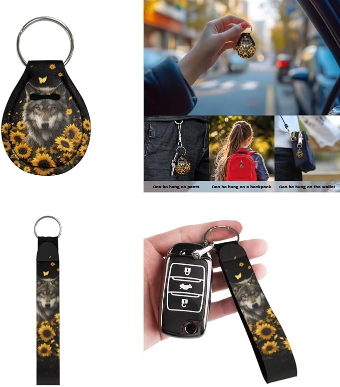 Wolf Sunflower Black Print Car Accessories Car Seat Covers Full Set with Steering Wheel Covers+Seat Belt Pads+Coasters+Keychain+Lipstick Holder Universal Fit 13 Pack