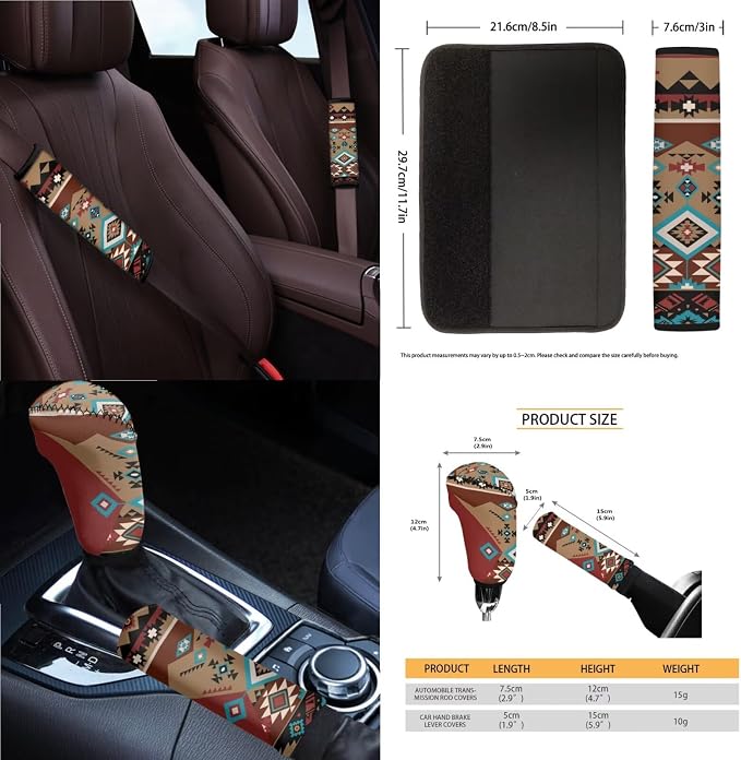 14Pcs Full Set Car Seat Covers Aztec Southwest Front and Rear Split Bench Seat Covers with Steering Wheel Cover Center Console Pad Safety Belt Pads Garbage Bag Cup Mats