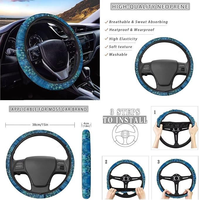Suobstales Blue Peacock Print Car Seat Covers Front Back Split Bench Protector for SUV Truck Van, 15 Inch Steering Wheel Covers, Seat Belt Covers, Coasters, Keychain Auto Decor for Women Men