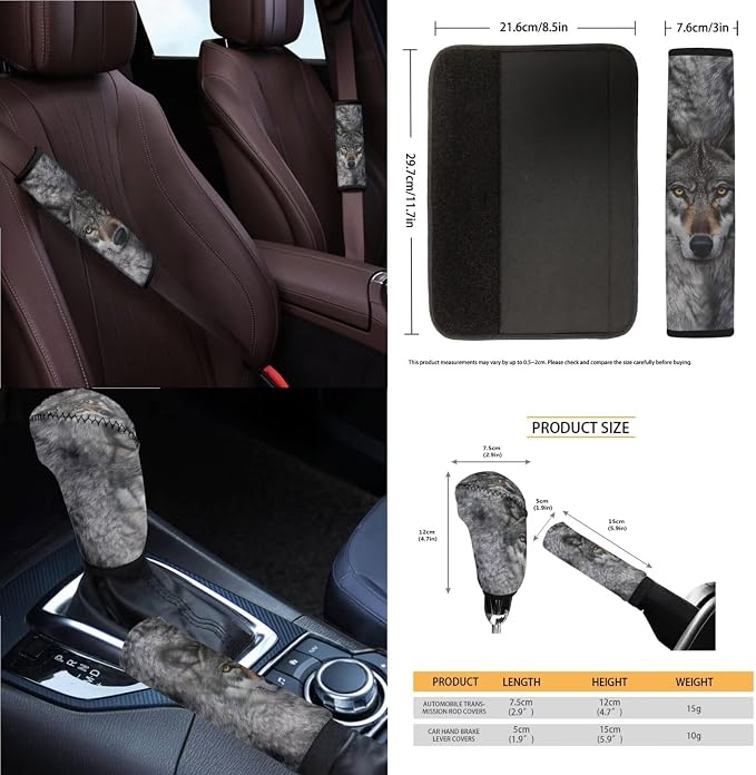 Wolf Print Car Seat Covers Full Set High Back Bucket Seat Covers with Steering Wheel Cover Center Console Armrest Pad Seatbelt Pads Car Rear View Mirror Protector Garbage Bag