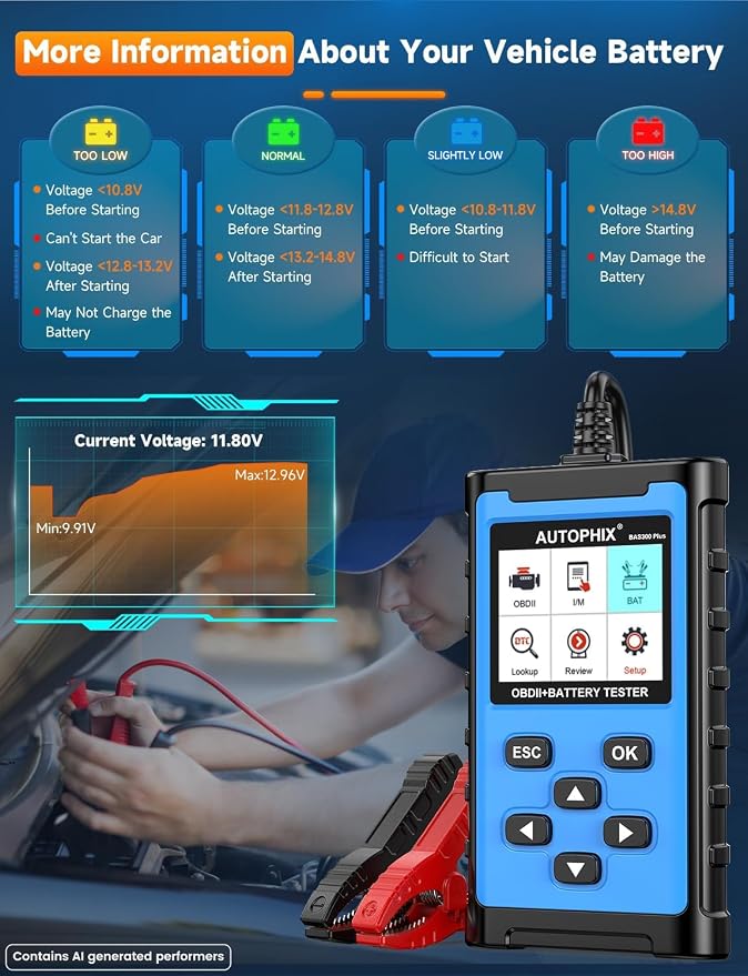 AUTOPHIX 2 IN 1 OBD2 Scanner with Battery Tester, BAS300 Plus 12V 100-2000 CCA Battery Charging Cranking Test Car Code Reader, Full OBD2 Diagnosis Check Engine Diagnostic Scan Tool Battery Load Tester