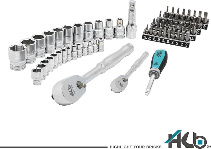 HB 66-Piece Socket Set AKM032-U | 1/4" & 1/2" Drive 90-Tooth Sealed Head Ratchets 4° Arc Swing | Chrome Vanadium Steel Micro-Chrome Finish | SAE Metric Sockets Portable Rack Made in Taiwan