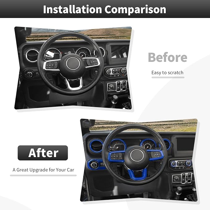 CheroCar Blue 20PCS Interior Trim Kit for Jeep Wrangler JL JLU & JT Gladiator 2018-2023,Dashboard,Steering Button Frame,AC Switch,Roof Speaker,Reading Light,Headlight Switch,Rear Air Vent Trim