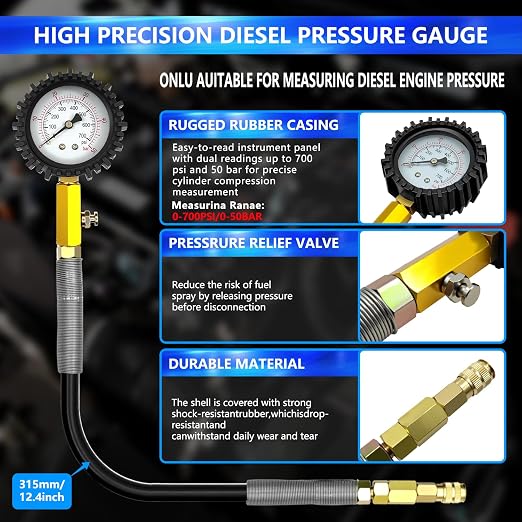 47PCS Compression and Leakage Test Kit Petrol & Diesel Compression Tester Kit Automotive Cylinder Leak Down Tester with Dual Gauge Engine Compression Tester Kit for HDI, TDCi, Pumpe Duse Engine