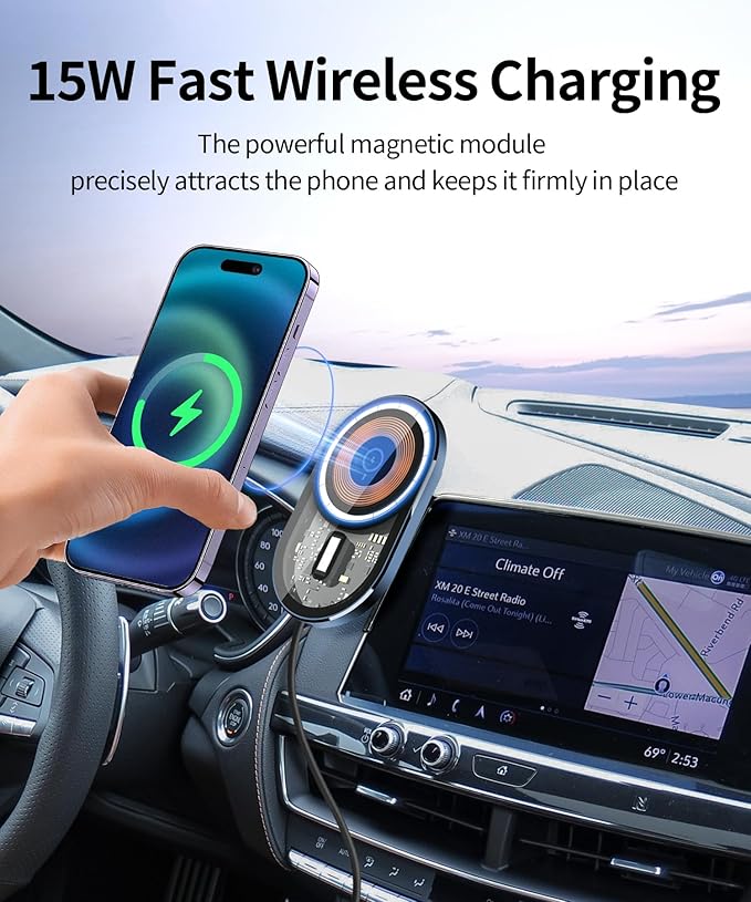 Wireless Charging Car Phone Holder for Cadillac CT5 2020-2024 / CT5-V 2023-2024, 10" Screen Fixed Clip, 360° Rotation Car Phone Mount Compatible with MagSafe